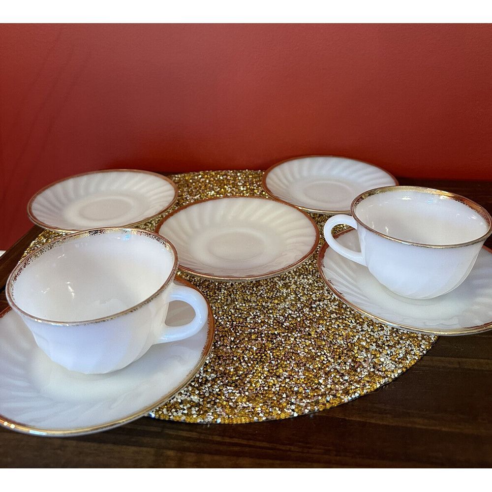 Vintage‎ Fire King Oven Ware White Swirl Milk Glass Gold Rim 2 Cup & 5 Saucers